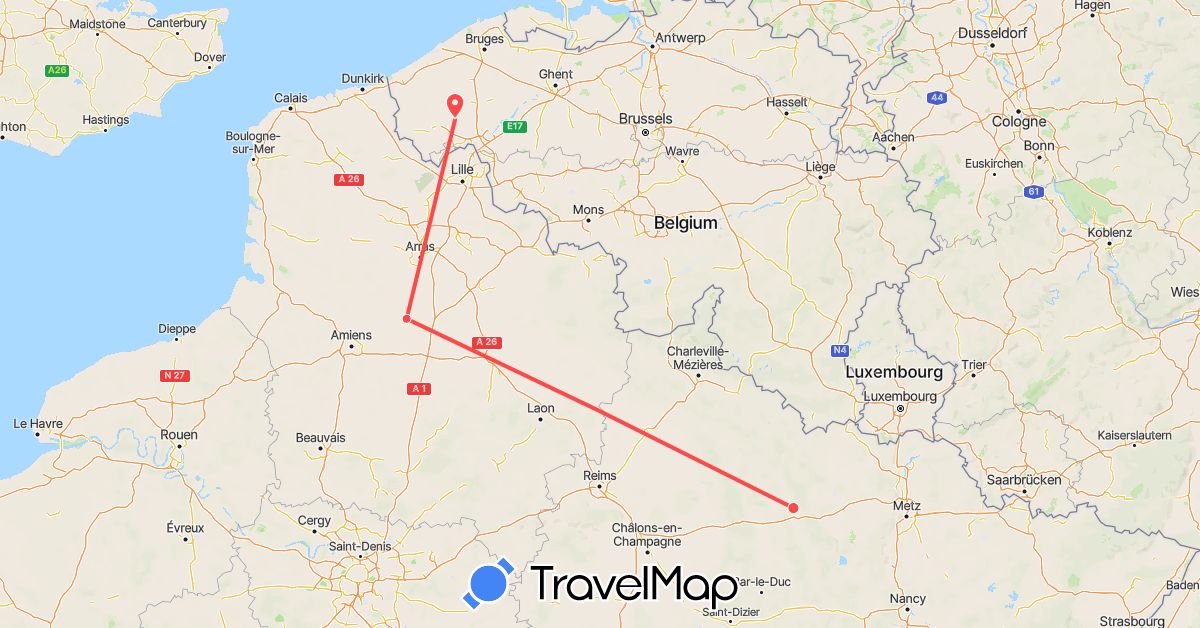 TravelMap itinerary: driving, hiking in Belgium, France (Europe)